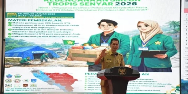 Sekda Aceh, M. Nasir saat menjadi narasumber pada kegiatan Pembekalan Kuliah Kerja Nyata (KKN) Tematik Kebencanaan Siklon Tropis Senyar Universitas Syiah Kuala  (Dok : ist).