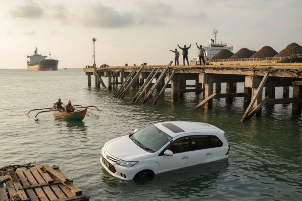 Trestle Pelabuhan KITB Siak Roboh, Mobil Avanza Tercebur ke Laut